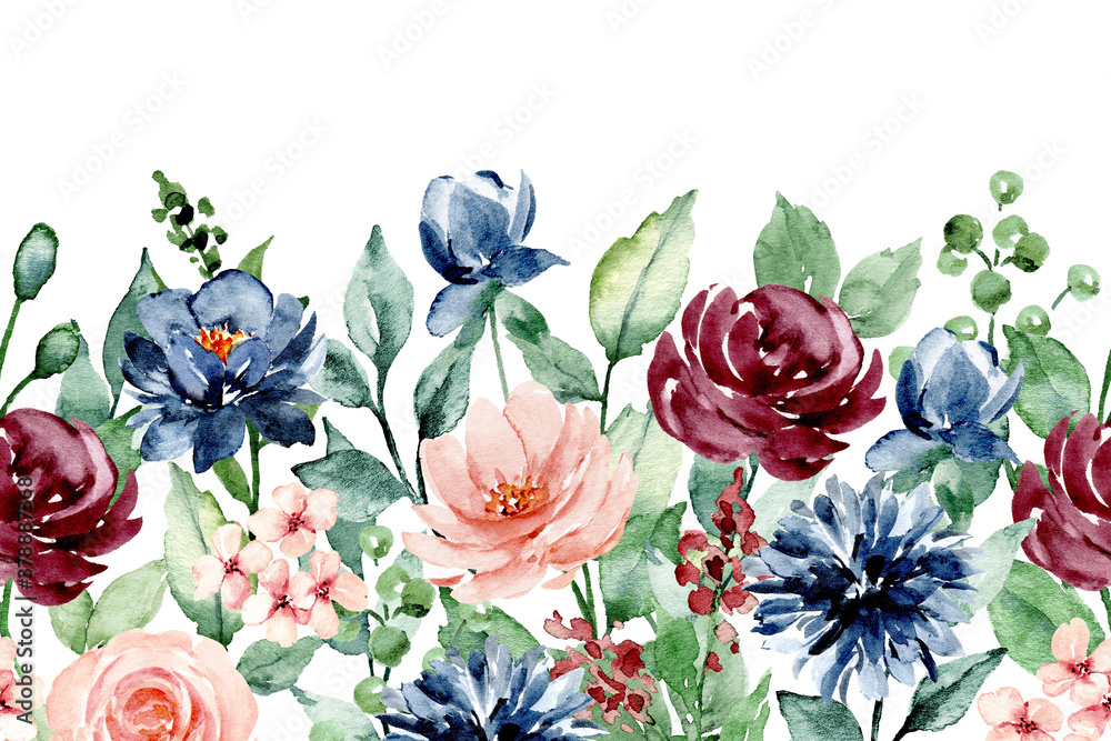 Watercolor floral repeat border with blue and pink flowers, leaves ...