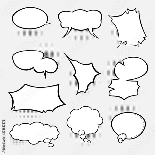 Set of speech bubbles. Halftone shadows. Comic.
