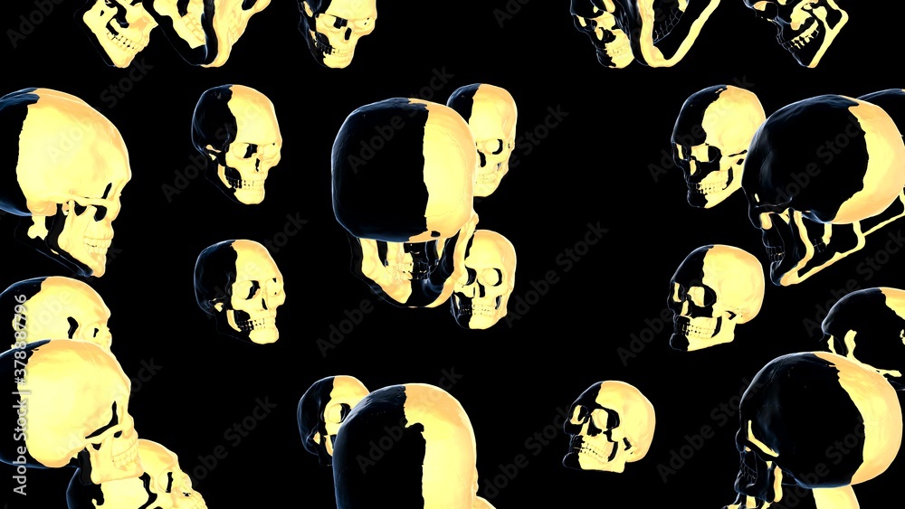 Multiple human skulls facing each other in golden and black colour 3D rendering and 3d illustration Multiple human skulls facing each other in golden and black colour 3D rendering and 3d illustration