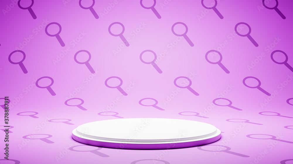 Obraz premium Empty White Platform on Magnifier Glass Symbol Pattern Studio Background