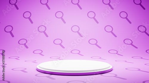 Empty White Platform on Magnifier Glass Symbol Pattern Studio Background