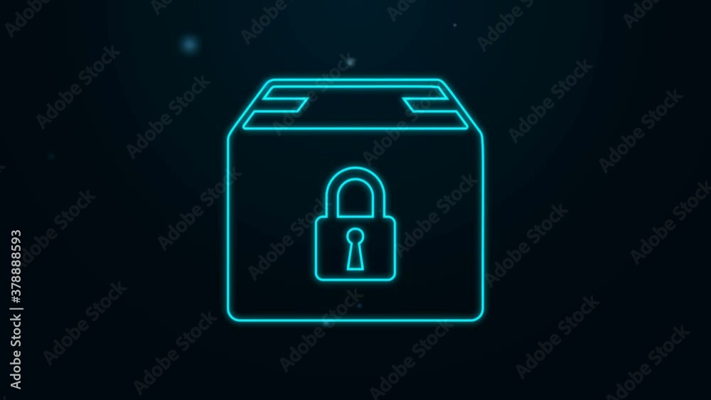 Glowing neon line Locked package icon isolated on black background. Lock and cardboard box. 4K Video motion graphic animation Glowing neon line Locked package icon isolated on black background. Lock and cardboard box. 4K Video motion graphic animation