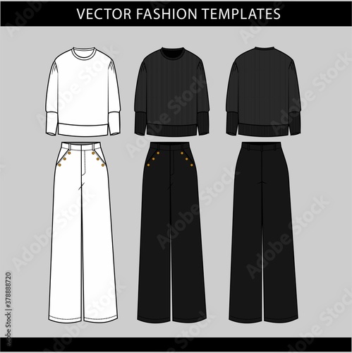 sweater and pant front and back view, fashion flat sketch template, casual outfit