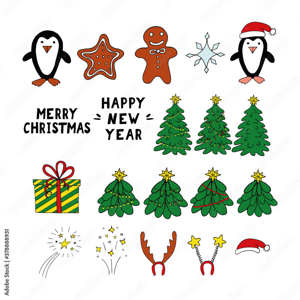 christmas set hand drawn vector doodle. collection of elements for icon, sticker, card, poster, winter, trees, penguins, fireworks, gift, accessories, decor