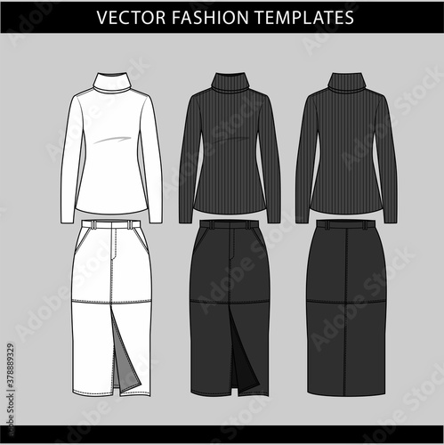Turtle neck and skirt front and back view, fashion flat sketch template