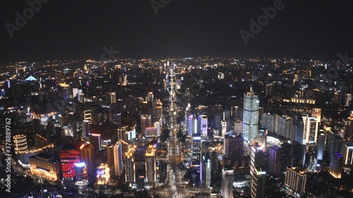 aerial view of the city skyline atnight photo