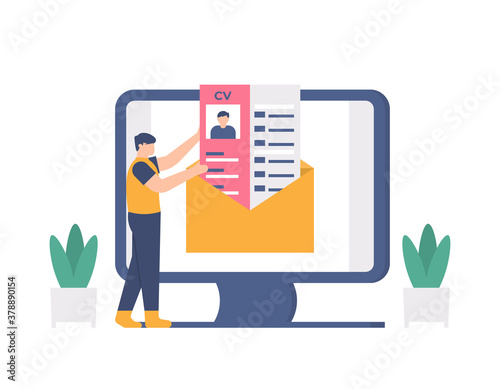 illustration of a person entering or sending a cv into an email letter on a computer. Concept of job application, applying, curriculum vitae, job vacancies. flat design. can be used for elements