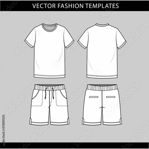 t shirt and pant front and back view, Fashion vector illustration on grey background, fashion flat sketch template