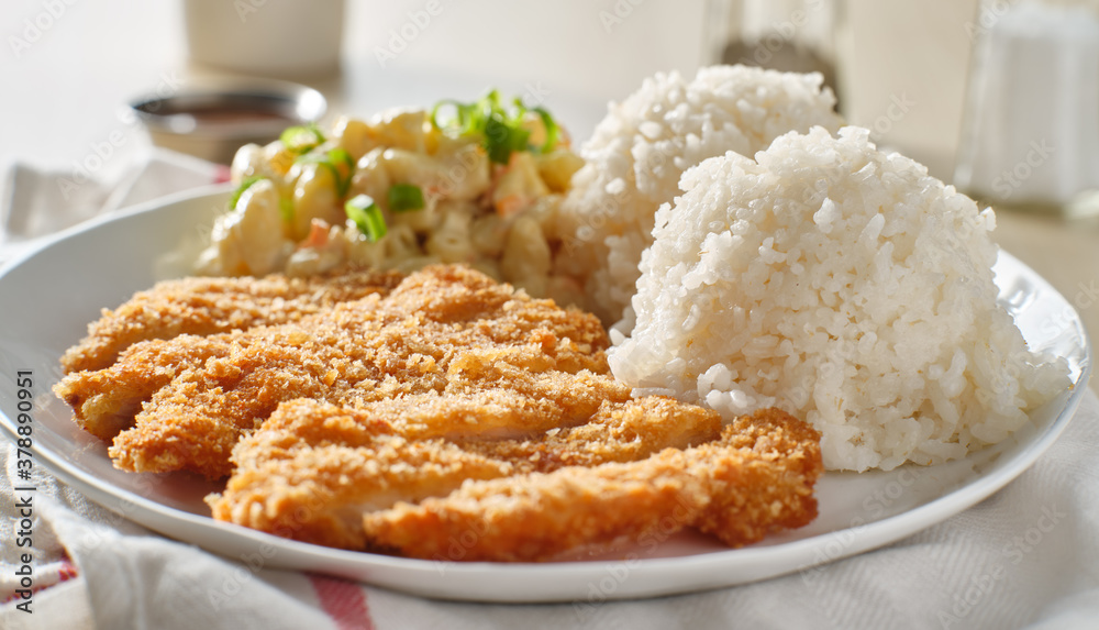 chicken katsu hawaiian bbq plate lunch with white rice and macaroni salad