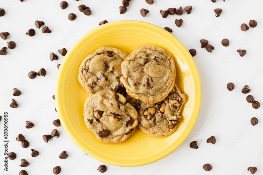 Chocolate Chip Cookies on Yellow Plate Chocolate Chip Cookies on Yellow Plate