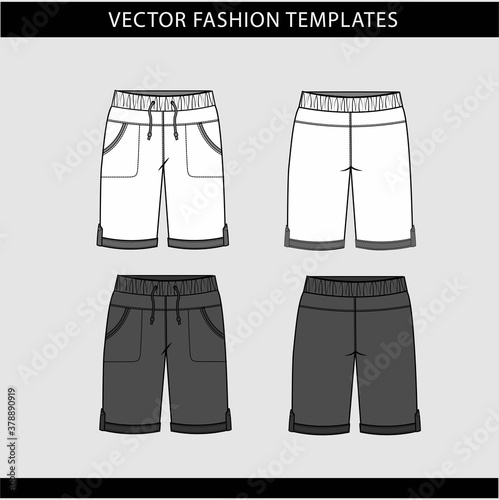 short fashion flat sketch template, Bermuda Shorts Template, Vector Illustration of pant, Men's fashion shorts front and back view
