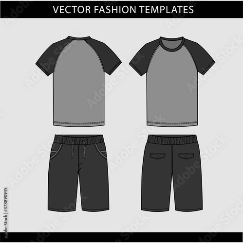 t shirt and pant front and back view, Fashion vector illustration on grey background, fashion flat sketch template