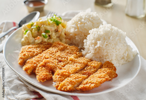 chicken katsu hawaiian bbq plate lunch with white rice and macaroni salad