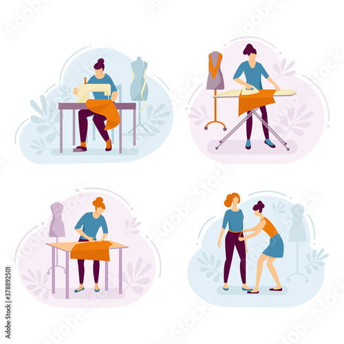 Set of vector illustrations of tailoring workshop concepts. Flat style.