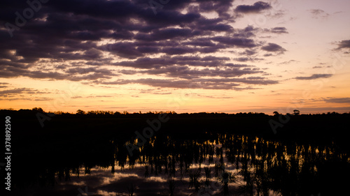Orange sky sunrise on a dark green wetlands landscape with water reflection and purple clouds