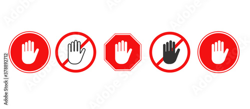 Hand forbidden vector sign. Stop hand icons set.