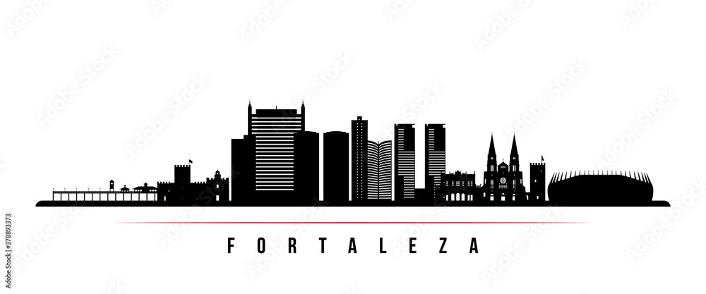 Naklejka premium Fortaleza skyline horizontal banner. Black and white silhouette of Fortaleza City, Brazil. Vector template for your design.