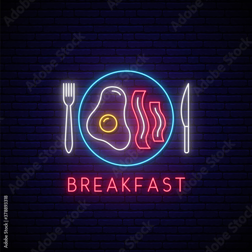 Neon breakfast sign. Fried egg and bacon on a plate. Glowing emblem in neon style for cafe, restaurant. Stock vector illustration.