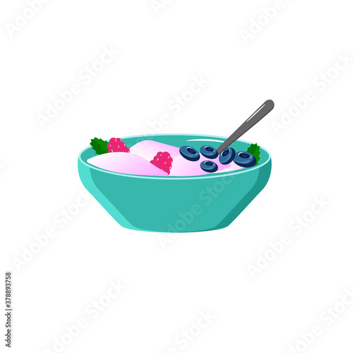 A healthy breakfast with cottage cheese and berries. Vector illustration isolated on white background. For cafes, menus and decor.