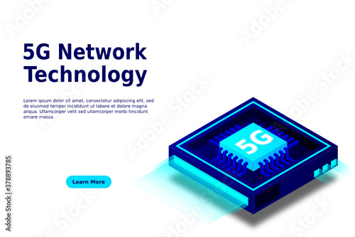 5G network processor illustration. Mobile wireless internet of next generation. Isometric futuristic micro chip. micro chip illustration. PC mainboard illustration background. 3D isometric hardware.