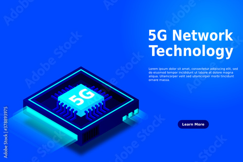 5G network processor illustration. Mobile wireless internet of next generation. Isometric futuristic micro chip. micro chip illustration. PC mainboard illustration background. 3D isometric hardware.