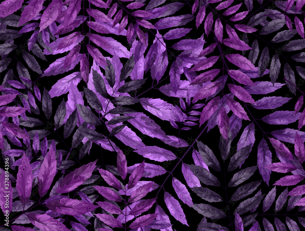 Vector background image of lilac and purple foliage on a black background. Cartoon style. EPS 10
