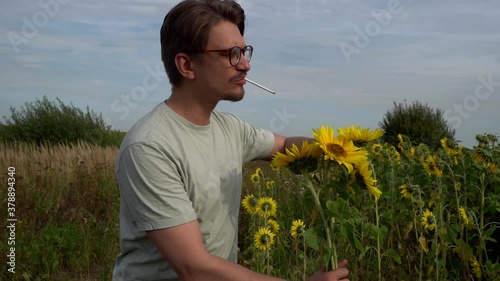 man with cigarette and glasses is holding bouquet of sunflowers in field and looking at sky