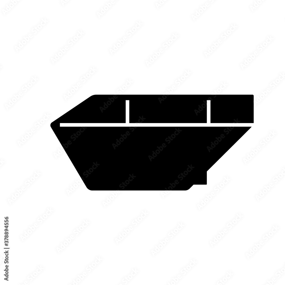 Metal trash container. Silhouette icon of Boat shape garbage bin. Black illustration of large industrial waste bin. Part of adjoining territory of apartment building. Flat isolated vector pictogram Metal trash container. Silhouette icon of Boat shape garbage bin. Black illustration of large industrial waste bin. Part of adjoining territory of apartment building. Flat isolated vector pictogram