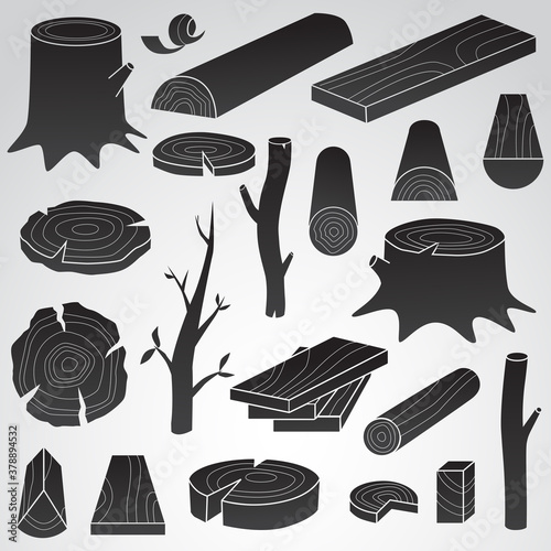 Collection of wood logs, parts, elements. Vector icon set. 