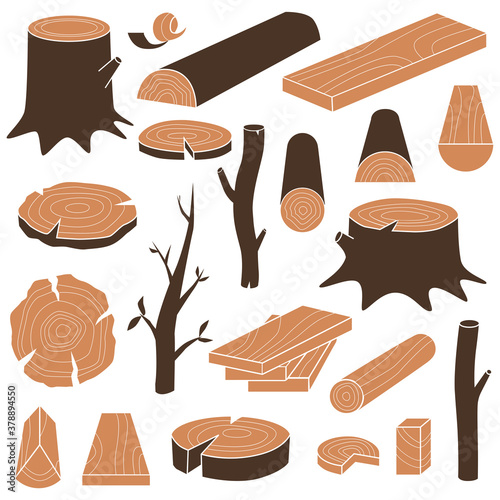 Collection of wood logs, parts, elements. Vector icon set. 