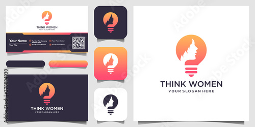 Female silhouette in bulb lamp logo and business card design