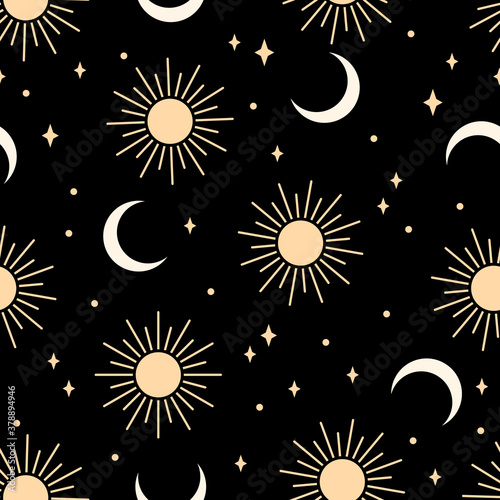 Seamless pattern with sun and moon on black background.  Contemporary  composition. Boho wall decor. Mid century art print. Trendy texture for print, textile, packaging.