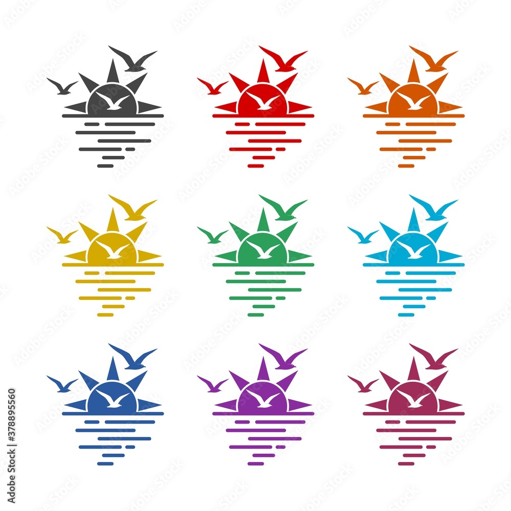 Sunset and seagulls icon, color set