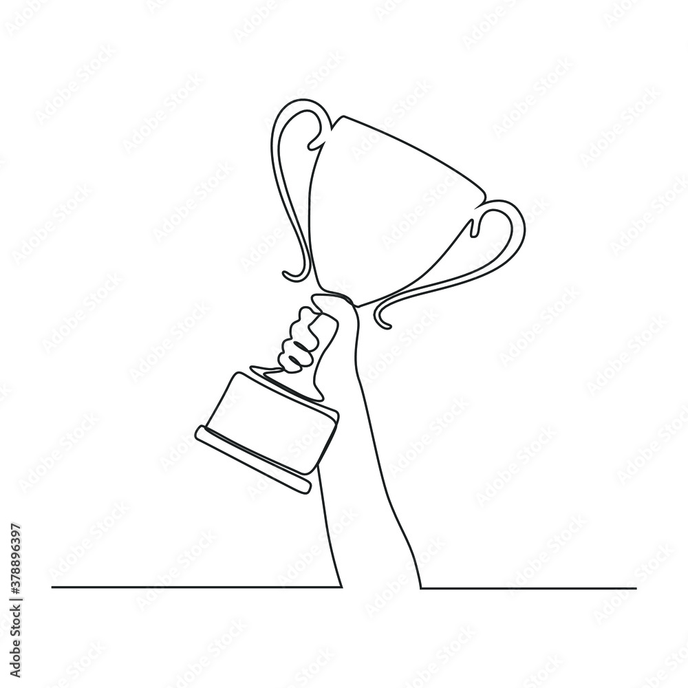 Continuous line drawing of winner holding and raising champion trophy.  Vector illustration single hand drawn style. Stock Vector | Adobe Stock
