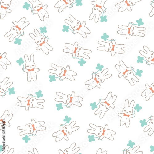 Fototapeta Naklejka Na Ścianę i Meble -  White Bunny Dolls and Clovers Vector Graphic  Illustration Spring Seamless Pattern