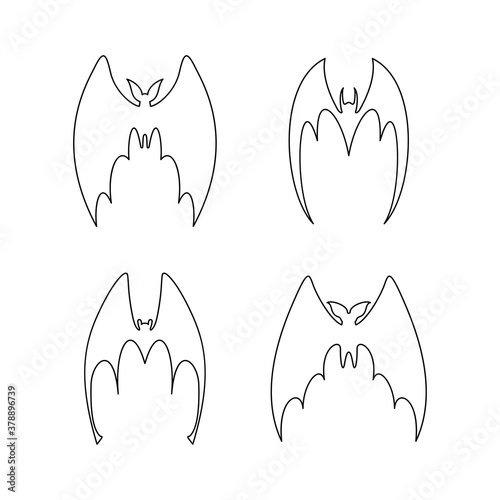 vector illustration of bats in flight. Black flittermouse line art silhouette. Set of one line bats in different shapes
