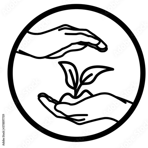 Protective cupping hands from above and below with new growing plant