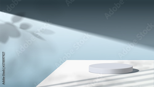 Abstract minimal scene with geometric forms. white podium in blue background with leaves. product presentation, mock up, show cosmetic product display, Podium, stage pedestal or platform. 3d vector