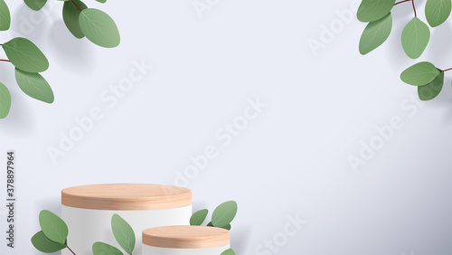 Fototapeta Naklejka Na Ścianę i Meble -  Abstract minimal scene with geometric forms. wood podium in white background with leaves. product presentation, mock up, show cosmetic product display, Podium, stage pedestal or platform. 3d vector