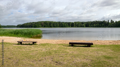 landscape with sandy beach, green grass and wooden benches, summer