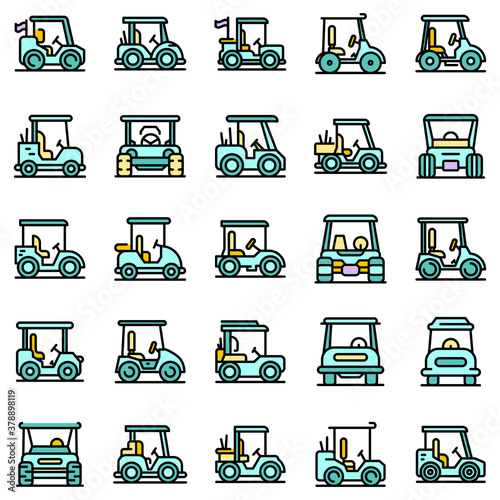 Golf cart icons set. Outline set of golf cart vector icons thin line color flat on white