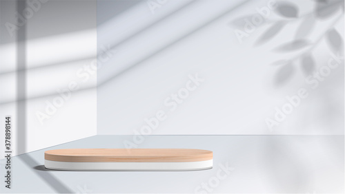 Abstract minimal scene with geometric forms. wood podium in white background with leaves. product presentation, mock up, show cosmetic product display, Podium, stage pedestal or platform. 3d vector