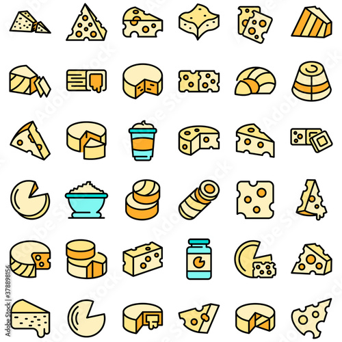Cheese icons set. Outline set of cheese vector icons thin line color flat on white