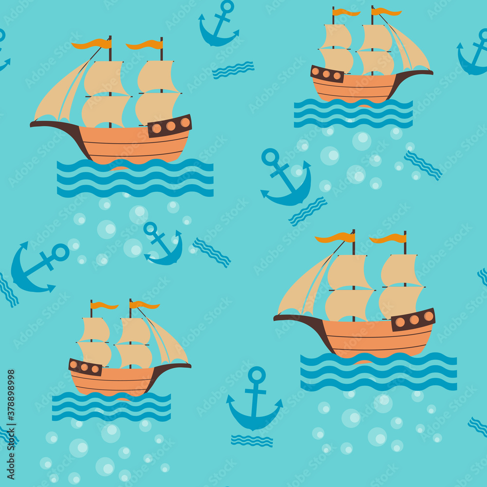 Naklejka premium Seamless childrens vector illustration with sea ships