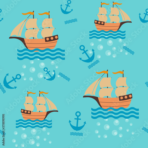 Seamless childrens vector illustration with sea ships