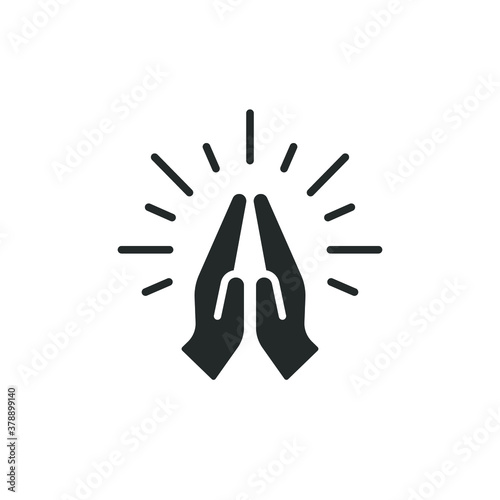 Faith, pray, religion icon, solid style. Depicting two hands pressed together and fingers pointed up, folded hands is variously used as a gesture of prayer, thanks, request and greeting. Vector EPS 10