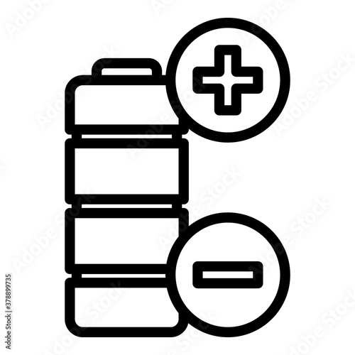 Plus minus battery icon. Outline plus minus battery vector icon for web design isolated on white background