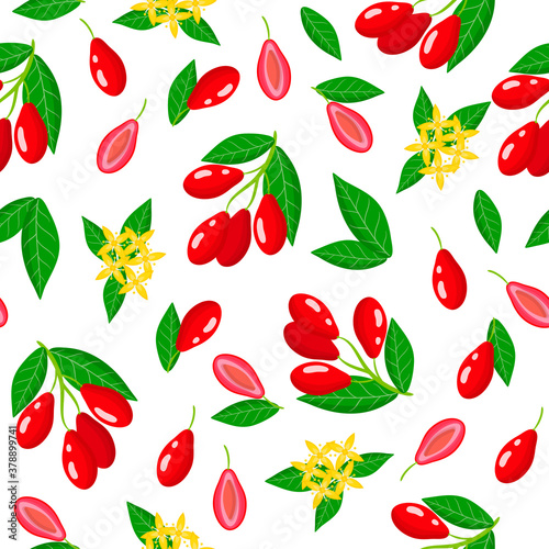 Vector cartoon seamless pattern with Dogwood exotic fruits, flowers and leafs on white background