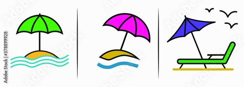 Set of beach umbrella and chair icons isolated on white background  sunbed and umbrella  sea  icon for vacationers  vector.