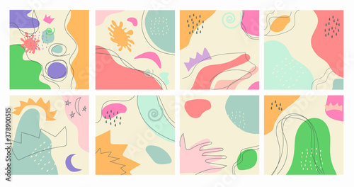 A set of eight abstract backgrounds.Pastel color. Doodle objects. Draw various shapes and Doodle objects. Modern fashion vector illustrations. Each background is isolated.